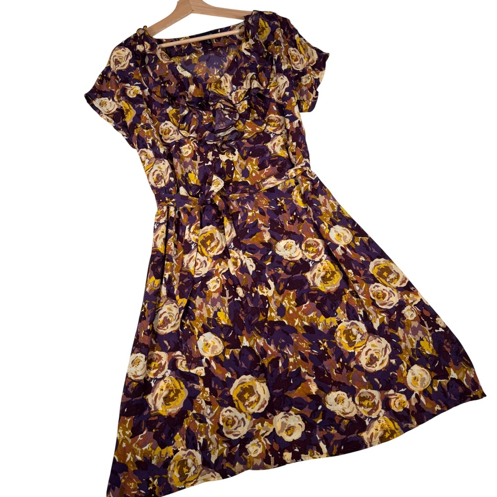 Lands End Floral Dress Wmns 10 Purple Ruffle Tie Waist Knee Length 422383A Boho - Picture 1 of 9